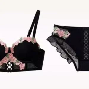 Yuqi conjunto de lingerie floral vintage, bralette de renda creme, sutiã push up retrô para busto pequeno feminino puro e sensual bordado sem fio - Imagem 10