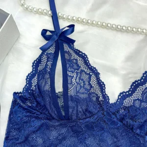 Kits transparentes de renda para mulheres, lingerie sensual, conjunto de roupas íntimas femininas sem crotchless, azul escuro oco, conjuntos exóticos, tentação - Imagem 4