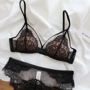 Conjunto de sutiã francês ultrafino de renda para mulheres, copa triangular sensual sem anel de aço, sutiã fino, coleta de seios pequenos - Imagem 4