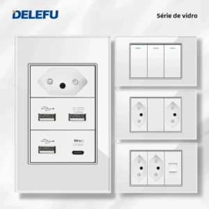 DELEFU 4*2 Vidro Temperado Branco Tomada Padrão Brasil com Dupla USB Tipo C Tomada de Parede Interruptor Inteligente Tuya Wifi 10A 20A - Imagem 1