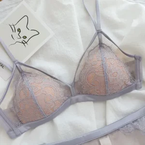 Conjunto de sutiã francês ultrafino de renda para mulheres, copa triangular sensual sem anel de aço, sutiã fino, coleta de seios pequenos - Imagem 8