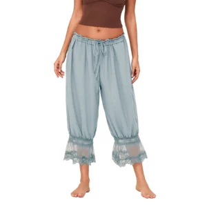 Combhasaki feminino y2k solto ajuste bloomers calças cortadas cordão cintura alta floral renda retalhos bezerro-comprimento lanterna - Imagem 9