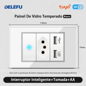 DELEFU 4*2 Vidro Temperado Branco Tomada Padrão Brasil com Dupla USB Tipo C Tomada de Parede Interruptor Inteligente Tuya Wifi 10A 20A - Imagem 26