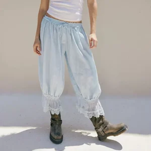 Combhasaki feminino y2k solto ajuste bloomers calças cortadas cordão cintura alta floral renda retalhos bezerro-comprimento lanterna - Imagem 8