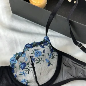 Erótico bordado azul fragmentos florais renda babydoll lingerie sensual conjunto de sutiã para mulher roupa interior íntima sexi calcinha conjunto 2024 - Imagem 3