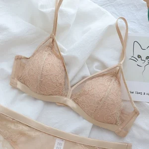 Conjunto de sutiã francês ultrafino de renda para mulheres, copa triangular sensual sem anel de aço, sutiã fino, coleta de seios pequenos - Imagem 10