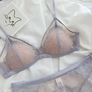 Conjunto de sutiã francês ultrafino de renda para mulheres, copa triangular sensual sem anel de aço, sutiã fino, coleta de seios pequenos - Imagem 5
