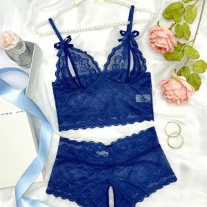 Kits transparentes de renda para mulheres, lingerie sensual, conjunto de roupas íntimas femininas sem crotchless, azul escuro oco, conjuntos exóticos, tentação - Imagem 3