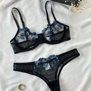 Erótico bordado azul fragmentos florais renda babydoll lingerie sensual conjunto de sutiã para mulher roupa interior íntima sexi calcinha conjunto 2024 - Imagem 5