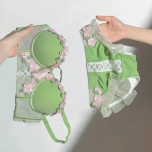 Yuqi conjunto de lingerie floral vintage, bralette de renda creme, sutiã push up retrô para busto pequeno feminino puro e sensual bordado sem fio - Imagem 12