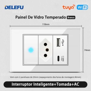 DELEFU 4*2 Vidro Temperado Branco Tomada Padrão Brasil com Dupla USB Tipo C Tomada de Parede Interruptor Inteligente Tuya Wifi 10A 20A - Imagem 24