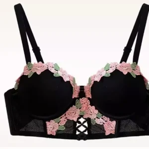 Yuqi conjunto de lingerie floral vintage, bralette de renda creme, sutiã push up retrô para busto pequeno feminino puro e sensual bordado sem fio - Imagem 7