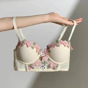 Yuqi conjunto de lingerie floral vintage, bralette de renda creme, sutiã push up retrô para busto pequeno feminino puro e sensual bordado sem fio - Imagem 8