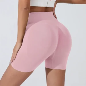 Pêssego hip levantamento esportes shorts feminino cintura alta barriga emagrecimento correndo treinamento calças de secagem rápida apertado shorts de três pontos - Imagem 4