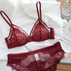 Conjunto de sutiã francês ultrafino de renda para mulheres, copa triangular sensual sem anel de aço, sutiã fino, coleta de seios pequenos - Imagem 3