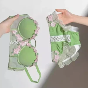 Yuqi conjunto de lingerie floral vintage, bralette de renda creme, sutiã push up retrô para busto pequeno feminino puro e sensual bordado sem fio - Imagem 4