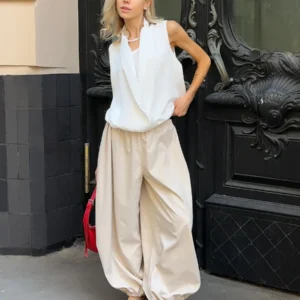 Bornladies outono feminino 100% algodão solto lanterna estilo calças de perna larga estilo rua casual calças preguiçosas moda - Imagem 5