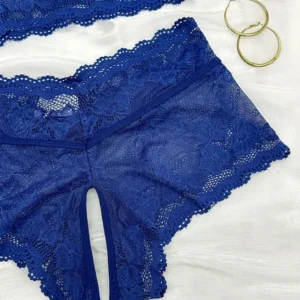 Kits transparentes de renda para mulheres, lingerie sensual, conjunto de roupas íntimas femininas sem crotchless, azul escuro oco, conjuntos exóticos, tentação - Imagem 6