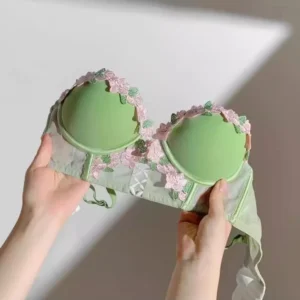 Yuqi conjunto de lingerie floral vintage, bralette de renda creme, sutiã push up retrô para busto pequeno feminino puro e sensual bordado sem fio - Imagem 5