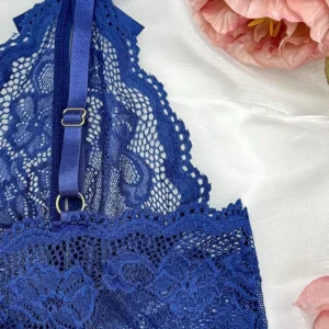 Kits transparentes de renda para mulheres, lingerie sensual, conjunto de roupas íntimas femininas sem crotchless, azul escuro oco, conjuntos exóticos, tentação - Imagem 5