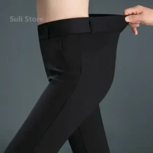 Primavera outono casual botão elástico meados de cintura preto & azul marinho calças retas senhora do escritório secagem rápida terno calças femininas - Imagem 5