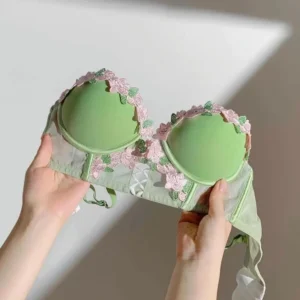 Yuqi conjunto de lingerie floral vintage, bralette de renda creme, sutiã push up retrô para busto pequeno feminino puro e sensual bordado sem fio - Imagem 9